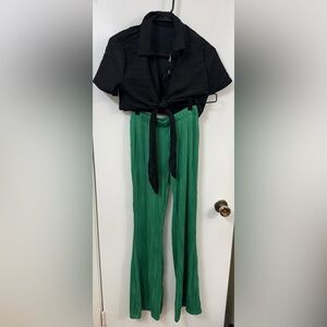 SHEIN Black Tie-Front Top, Black Shorts and Green Wide Leg Pants. 3 Piece Bundle